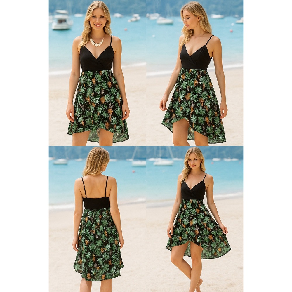 Cupshe‎ Black Floral Print Midi Dress Spaghetti Strap V Neck High Low Summer L